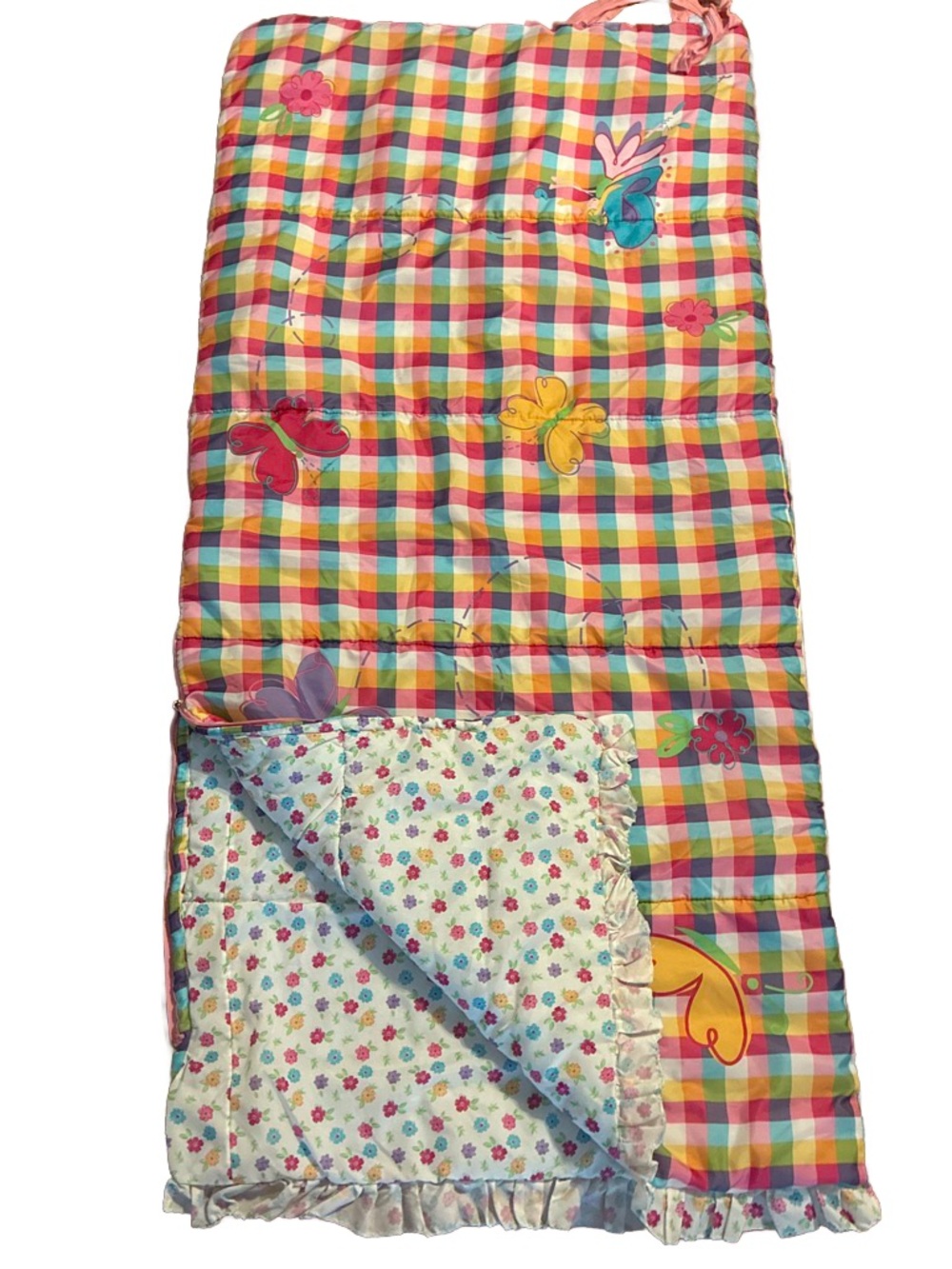 Plaid Butterfly and floral Kids Sleeping Bag with ruffle trim